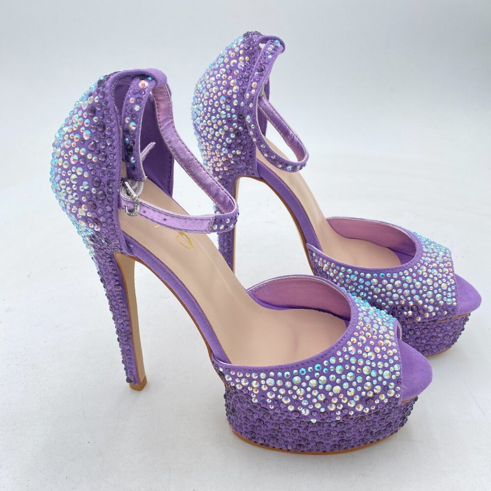 XYD Light Purple Sparkling Bejeweled Platform Evening Heels Peep Toe Sandals - Picture 4 of 8